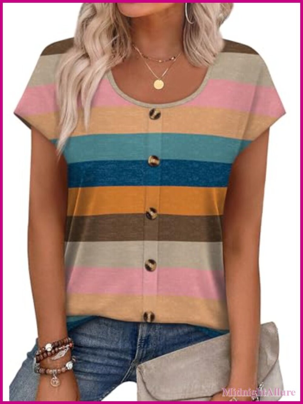Women's Cap Sleeve Blouse U-Neck Button Detail Summer Top